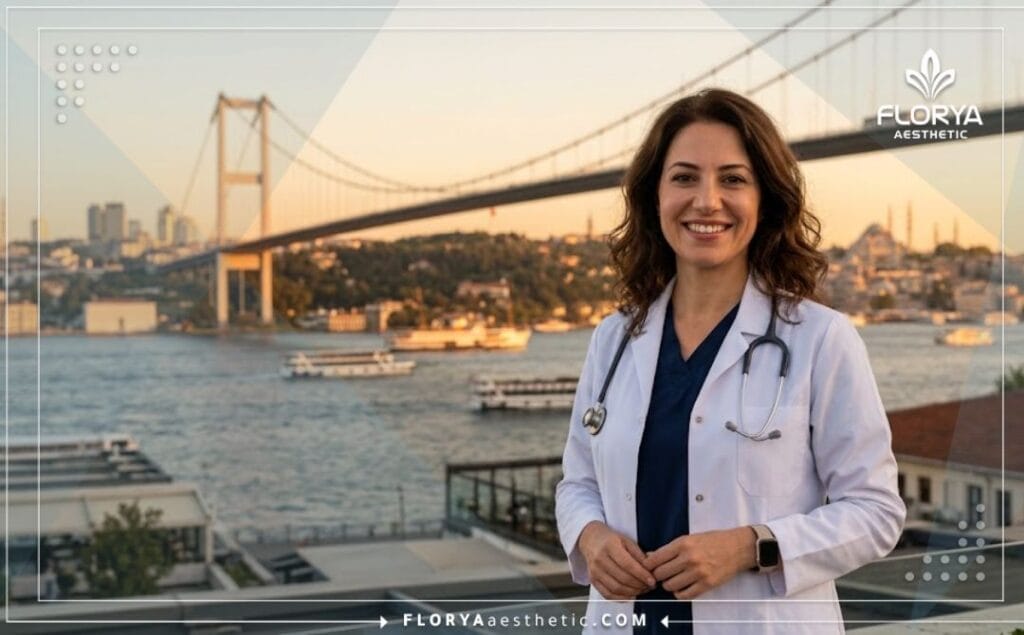 دكتور تجميل أنف متخصص في إسطنبول وخلفيته جسر البوسفور.