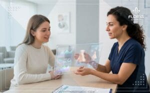 طبيب متخصص يعرض تفاصيل سعر حقنة فيلر الأنف في تركيا على شاشة رقمية تفاعلية للمريض