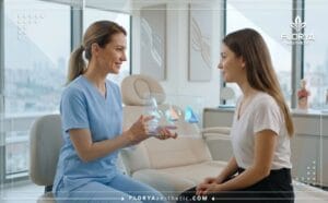 طبيب متخصص يناقش خطة تجميل الأنف غير الجراحي في تركيا باستخدام تقنيات رقمية حديثة.