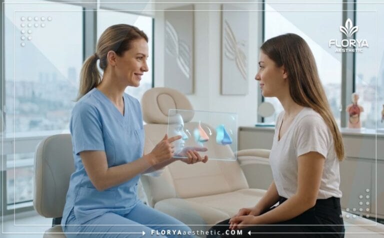 طبيب متخصص يناقش خطة تجميل الأنف غير الجراحي في تركيا باستخدام تقنيات رقمية حديثة.