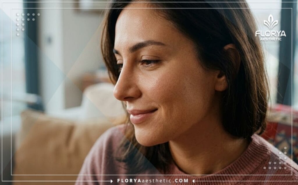 صورة مقربة تظهر النتيجة Gros plan sur le résultat esthétique parfait et naturel après une correction nasale.