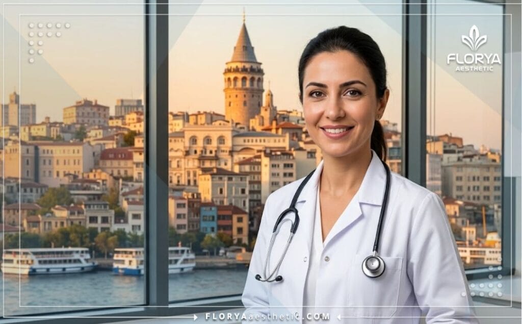 Médecin accueillant avec un monument célèbre d'Istanbul en arrière-plan.