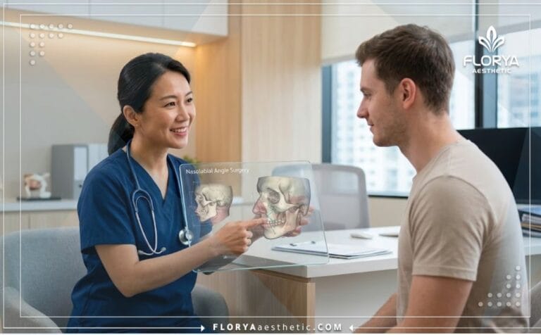 طبيب محترف يشرح خطة جراحة تعديل الزاوية الأنفية الشفوية للمريض عبر جهاز لوحي متطور خالٍ من النصوص