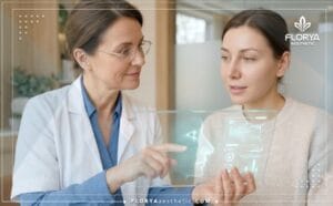 طبيب محترف يناقش خطة عمليات تجميل الأنف المفتوحة في تركيا عبر شاشة رقمية حديثة.