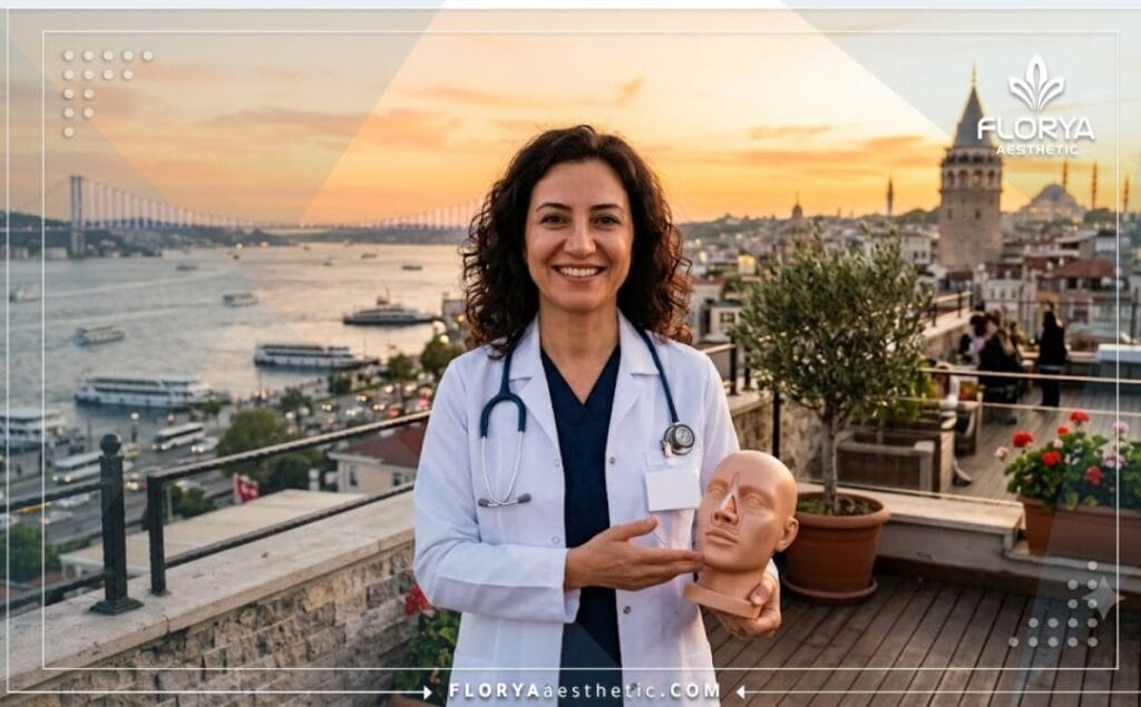 Cirujano experto en rinoplastia sonriendo con un paisaje icónico de Estambul de fondo.