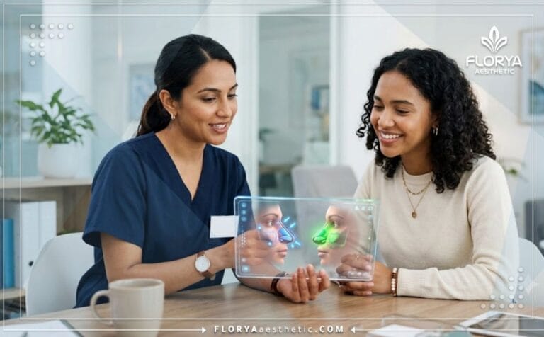طبيب يشرح الفرق بين تجميل الأنف المفتوح والمغلق للمريض باستخدام تقنيات حديثة في العيادة.