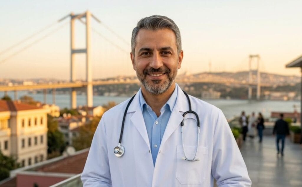 Friendly specialist in eyelid correction welcoming a patient in Istanbul.