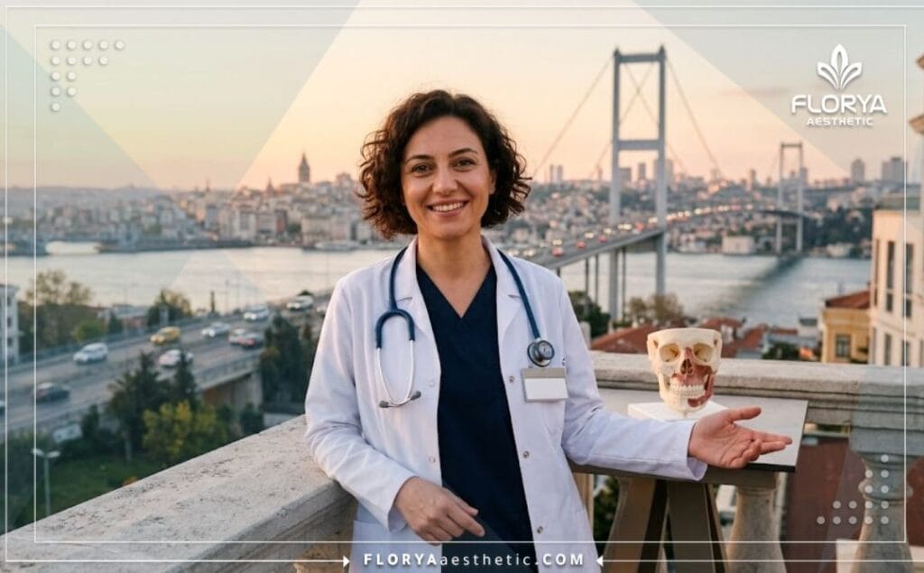 Friendly plastic surgeon standing in front of the Bosphorus Bridge in Istanbul.