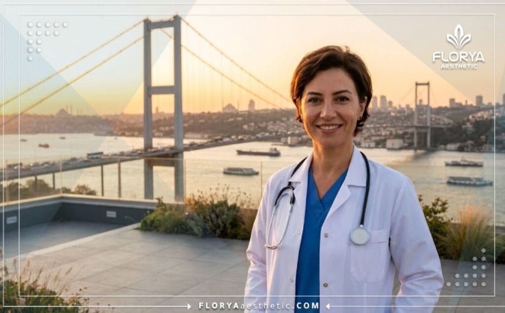 Médecin souriant accueillant les patients à Istanbul avec vue sur le Bosphore.