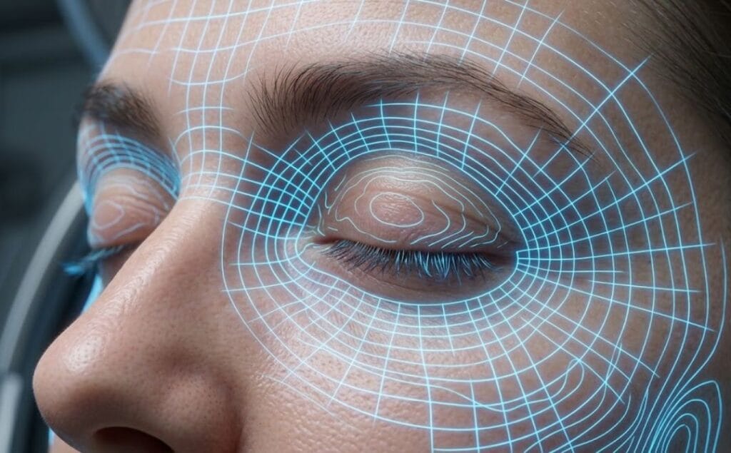 Escaneo digital 3D detallado que se centra exclusivamente en la anatomía del ojo y los párpados.