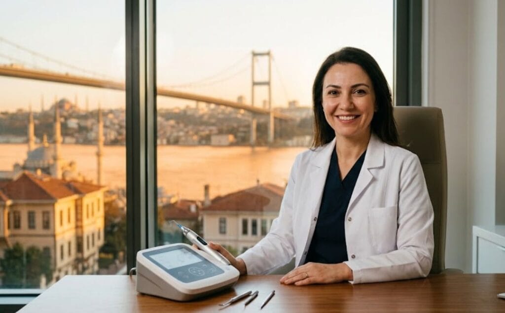 Médico profesional y sonriente con una icónica vista de Estambul de fondo dando la bienvenida.