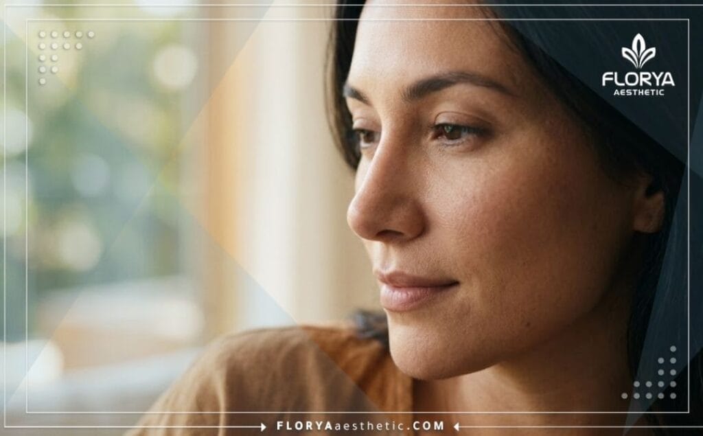 لقطة قريبة سينمائية تظهر النتيجة المثالية والطبيعية بعد عملية تجميل الأنف