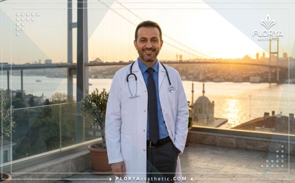 Cirujano plástico sonriente con el puente del Bósforo en Estambul de fondo.