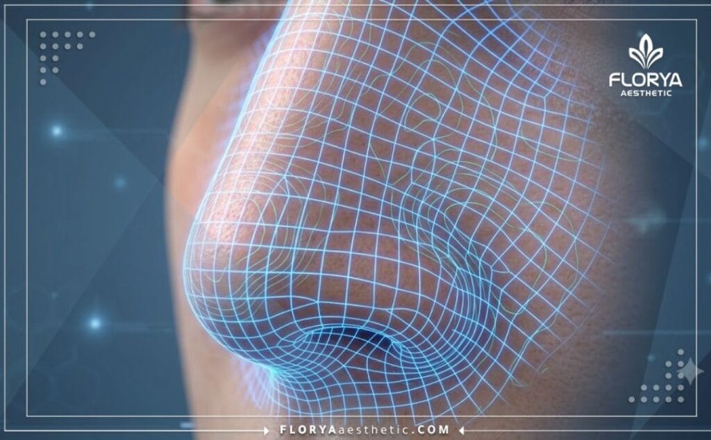 مسح ثلاثي الأبعاد دقيق لمنطقة الأنف يوضح التفاصيل التشريحية والتخطيط الرقمي المتقدم.