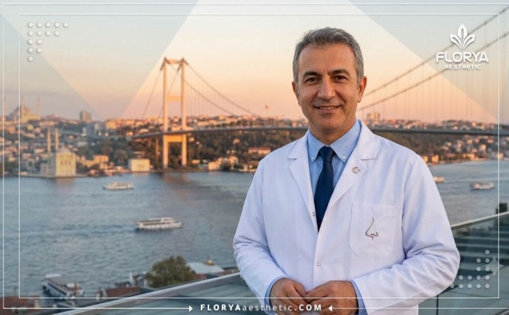 طبيب تجميل أنف يرحب بالمرضى بابتسامة دافئة مع خلفية رائعة لجسر البوسفور في اسطنبول.