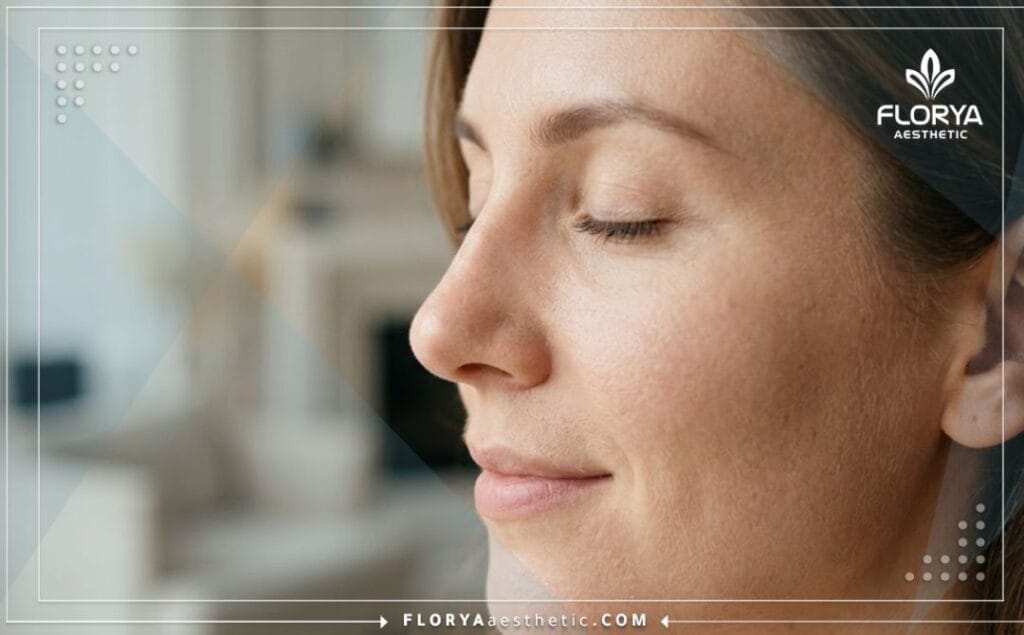 Close-up cinematic photo showcasing a flawless aesthetic rhinoplasty result