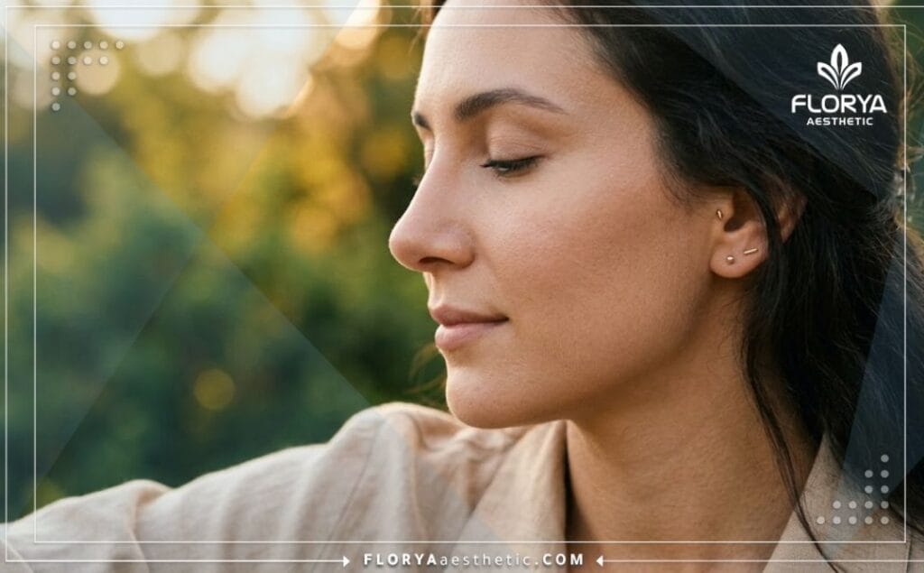 لقطة مقربة تظهر النتيجة الجمالية المثالية والناجحة لعملية تجميل الأنف