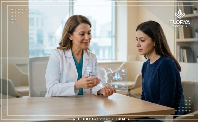 طبيب متخصص يشرح خطة العلاج والتخطيط الرقمي حول أسعار تصغير الأنف في تركيا مع المريض