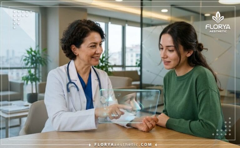 طبيب يوضح تكلفة تجميل الأنف بتقنية بيزو في تركيا للمريض عبر شاشة رقمية.