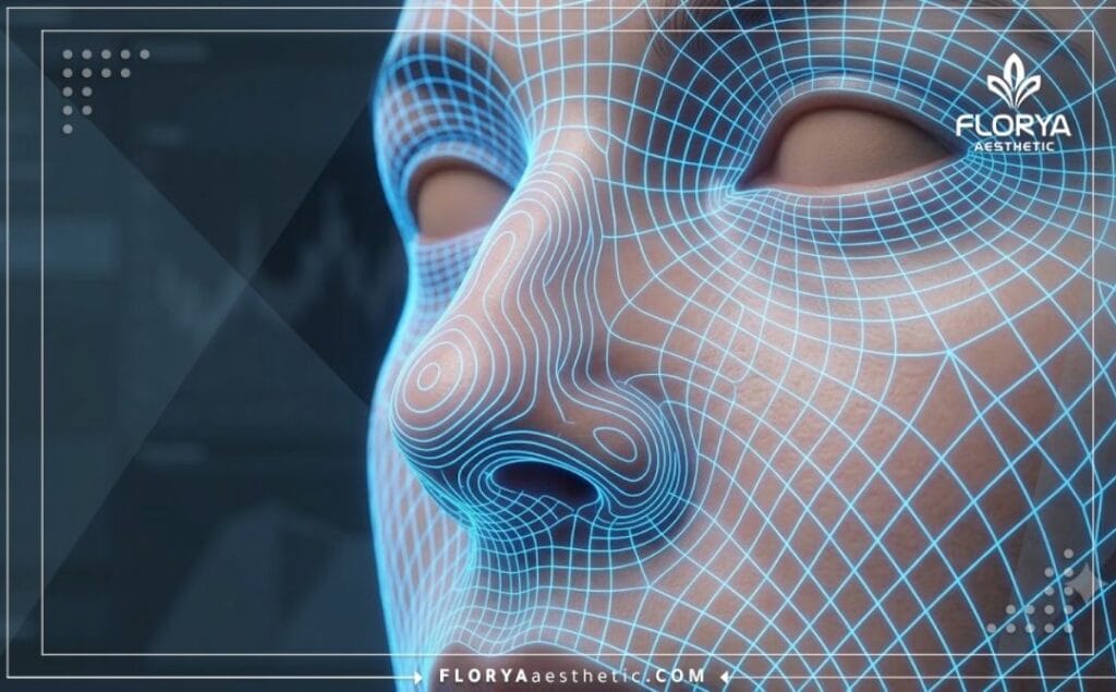 مسح ثلاثي الأبعاد دقيق لمنطقة الوجه والأنف يوضح التفاصيل الجمالية.