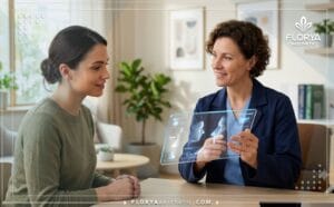 طبيب محترف يشرح خطة تجارب عمليات تجميل الأنف للمريض عبر جهاز لوحي.