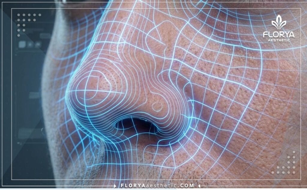 High-tech digital 3D mesh surface scan focusing precisely on the nasal anatomy for perfect structural planning.