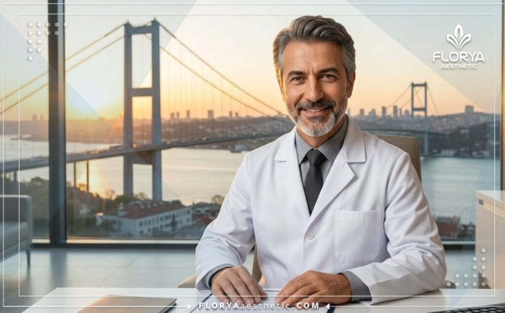 طبيب تجميل ودود يرحب بالمرضى في إسطنبول مع ظهور برج غلطة في الخلفية.