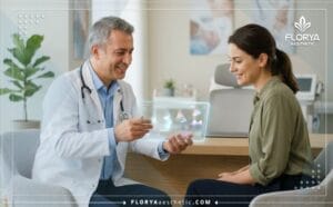 طبيب محترف يشرح خطة العلاج الرقمية ضمن عروض تجميل الأنف في تركيا للمريض باستخدام تكنولوجيا متطورة.