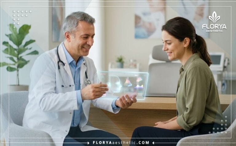 طبيب محترف يشرح خطة العلاج الرقمية ضمن عروض تجميل الأنف في تركيا للمريض باستخدام تكنولوجيا متطورة.