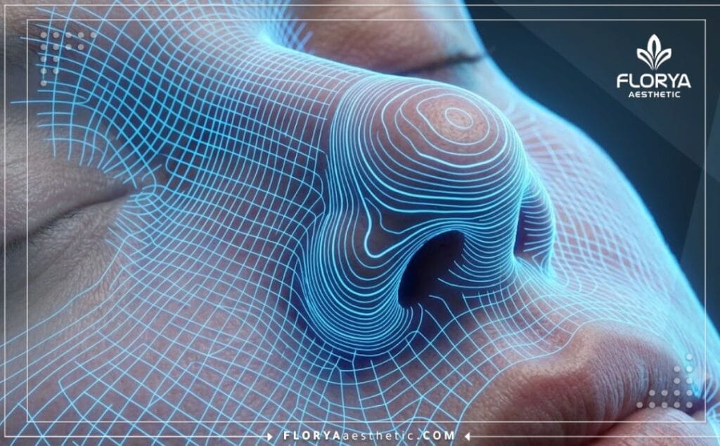 High-tech 3D macro surface scan of the nasal structure with neon grids.