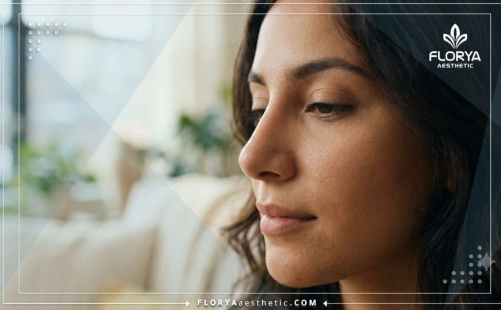 Cinematic close-up showing the flawless result of a nose reshaping procedure.