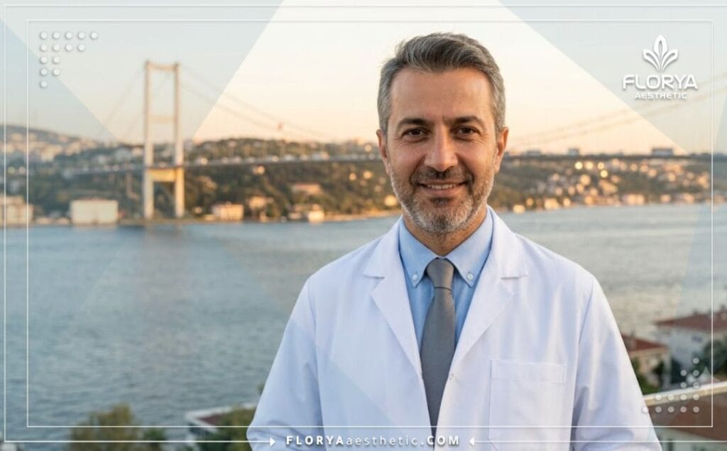 Friendly rhinoplasty doctor smiling with the Bosphorus Bridge in Istanbul.