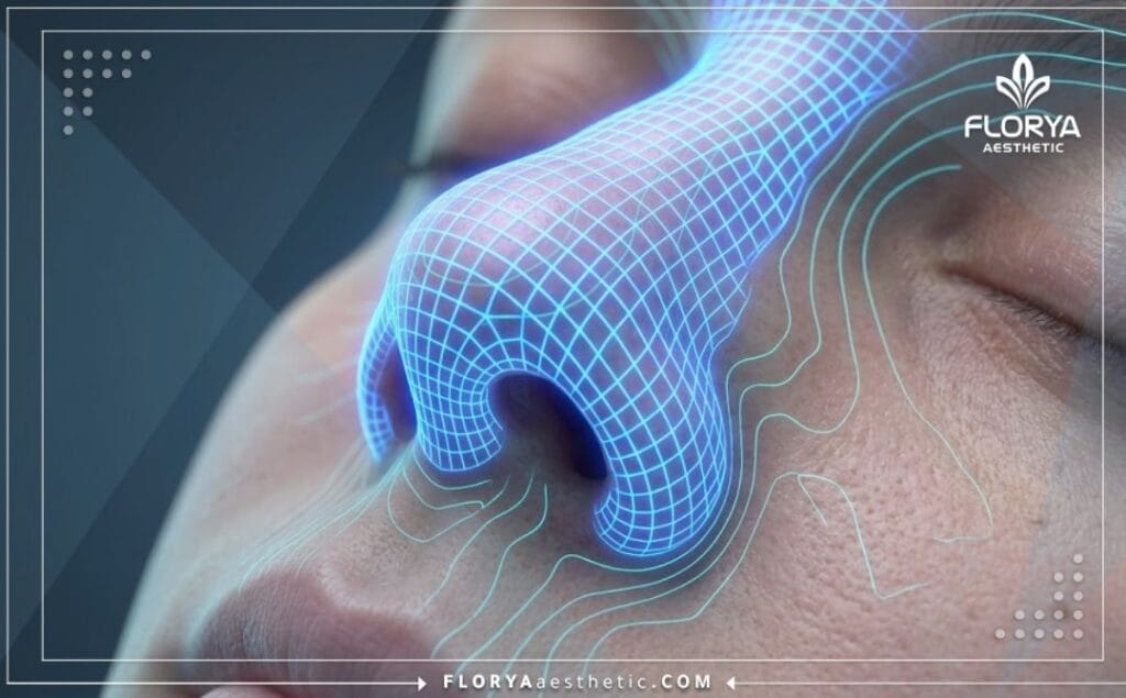 High-tech digital 3D surface scan mapping the nasal anatomical area with laser precision grid.