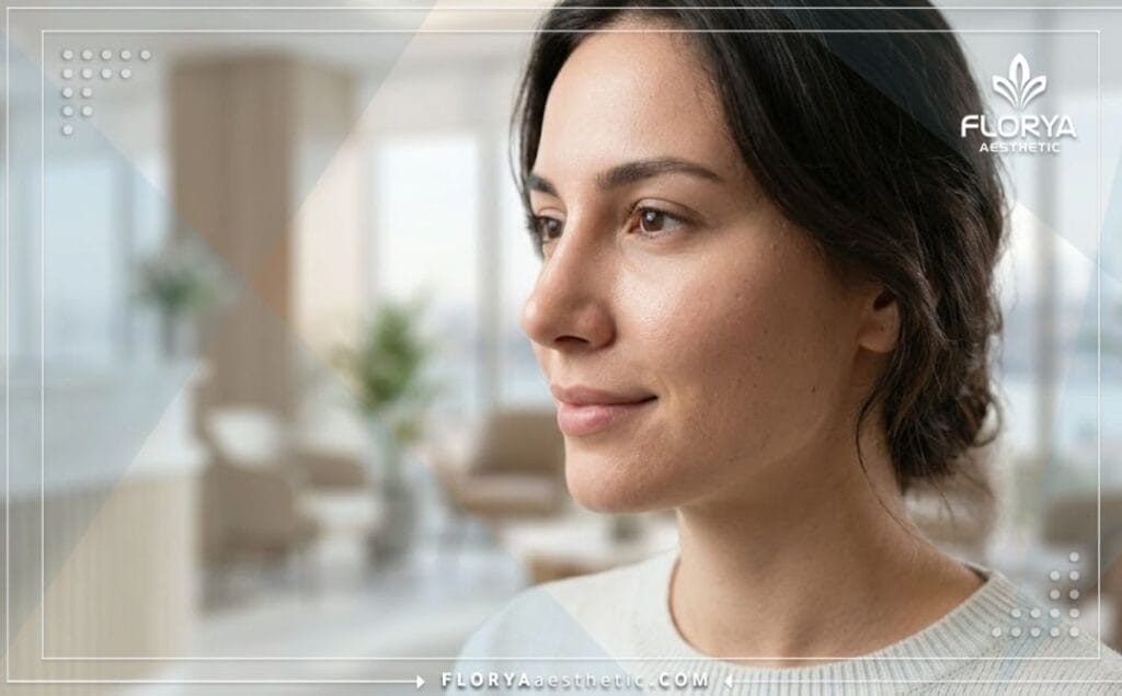 Imagen cinematográfica en primer plano que muestra el resultado impecable de la rinoplastia.
