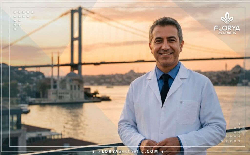 طبيب مبتسم يرحب بالمرضى مع خلفية لجسر البوسفور في اسطنبول.