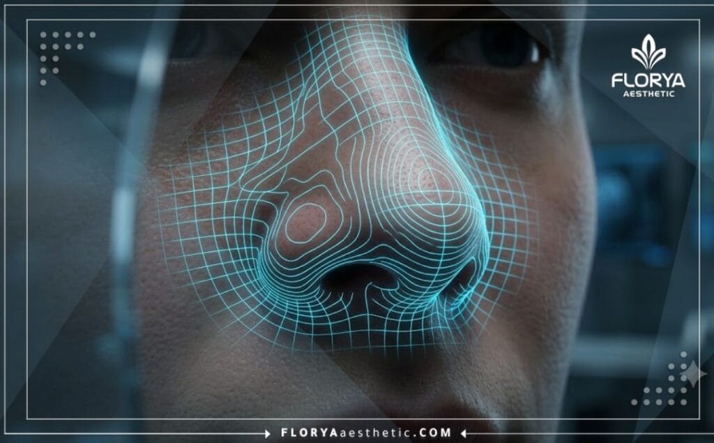 مسح رقمي ثلاثي الأبعاد يوضح تفاصيل منطقة الأنف بدقة عالية للتخطيط لعملية التجميل.
