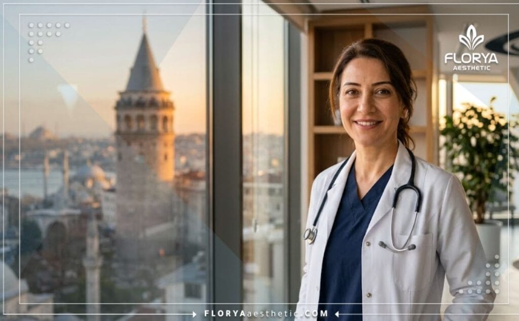Welcoming medical specialist in Istanbul with a famous city landmark in the background.