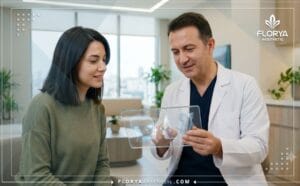 Professional doctor explaining a Rhinoplasty in Turkey treatment plan using digital technology.