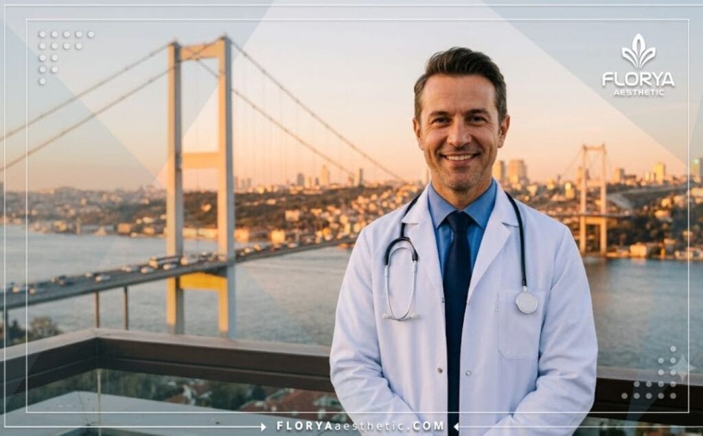 Friendly aesthetic surgeon standing in front of an Istanbul landmark.