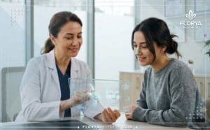 طبيب محترف يشرح خطة تجميل الأنف في تركيا للمريض باستخدام أحدث التقنيات الرقمية.