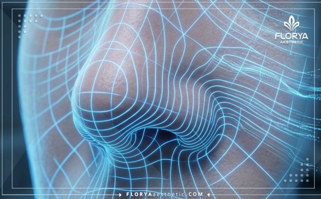 مسح ضوئي ثلاثي الأبعاد عالي الدقة يركز على منطقة الأنف والتفاصيل التشريحية.