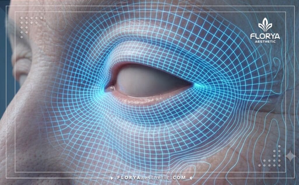 Scan 3D numérique de haute technologie centré sur l'anatomie de la paupière.