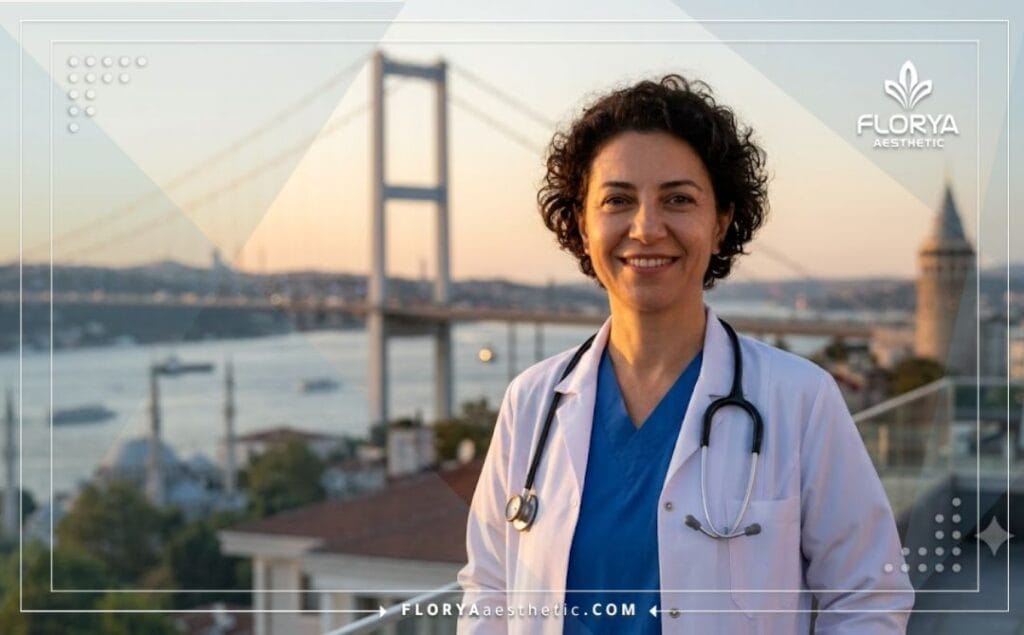 Médecin sympathique accueillant les patients avec un monument d'Istanbul en arrière-plan.