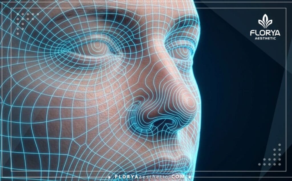 Advanced 3D digital laser mesh scan showing precise nasal structure planning.