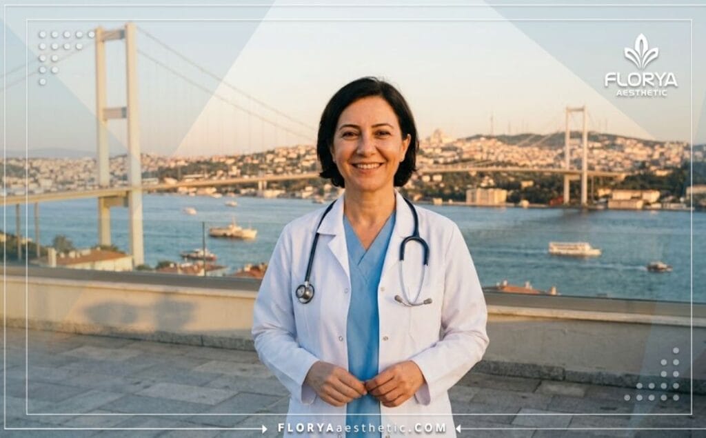Professional ENT surgeon in Istanbul with iconic Bosphorus view in the background.