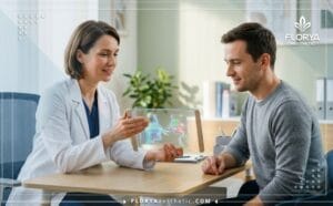 طبيب متخصص يشرح سعر عملية انحراف الحاجز الأنفي واللحمية للمريض باستخدام جهاز لوحي متطور.