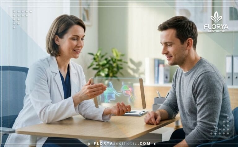 طبيب متخصص يشرح سعر عملية انحراف الحاجز الأنفي واللحمية للمريض باستخدام جهاز لوحي متطور.
