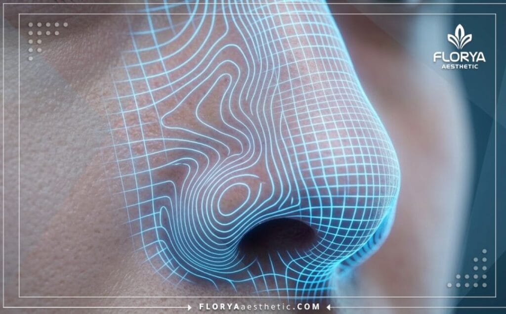 مسح ثلاثي الأبعاد دقيق لمنطقة الأنف يوضح التفاصيل التشريحية قبل الجراحة.