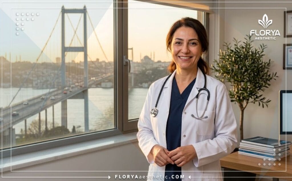 طبيب أنف وأذن وحنجرة مبتسم في اسطنبول مع خلفية لجسر البوسفور.