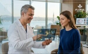 طبيب خبير يشرح خطة تجميل الأنف والجيوب الأنفية في تركيا للمريض باستخدام تقنيات لوحية حديثة.